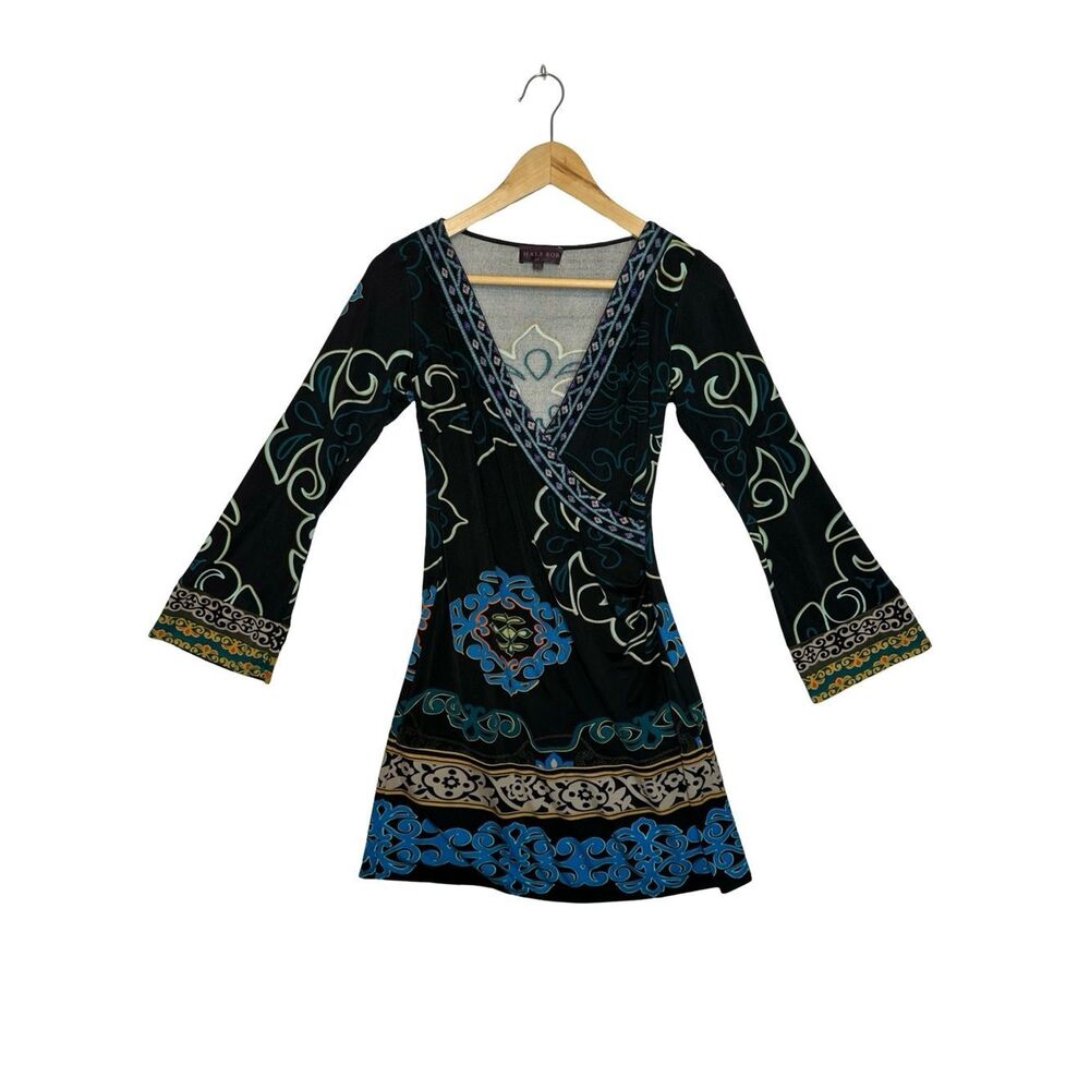 HALE BOB 100% Silk Deep V Neck Patterned Mini Dress Long Bell Sleeves Size XS - Picture 3 of 17
